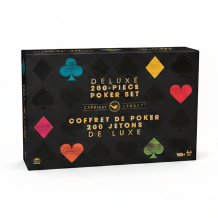 black box with multicolored suits and "deluxe 200-piece poker set" in yellow font