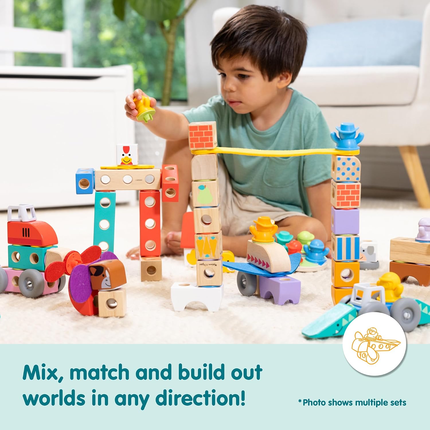 Side view of Blockables Farm Play Set, wooden by Melissa & Doug