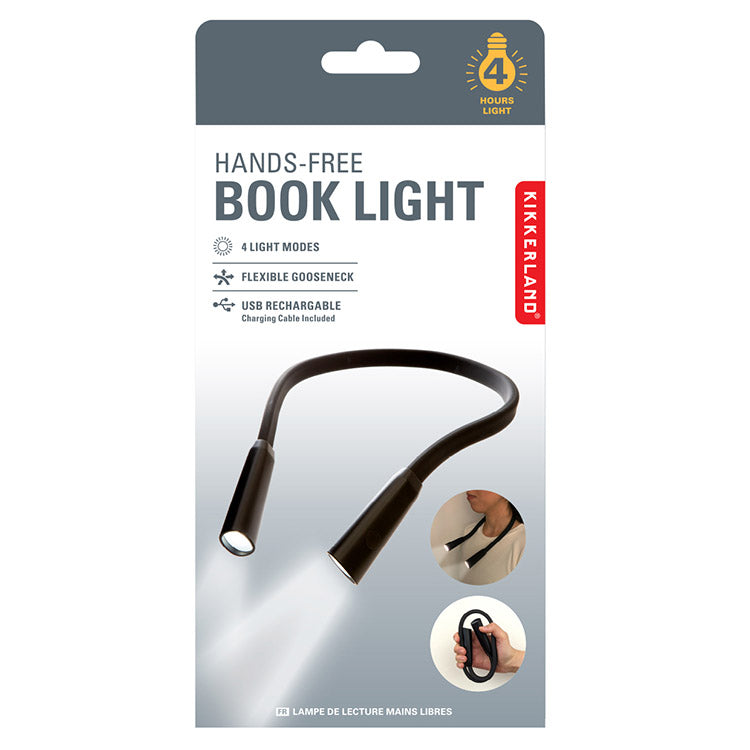 A packaged hands-free book light in a light grey box featuring an image of the flexible book light
