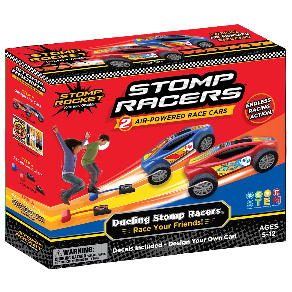 red product box for stomp racers featuring two children jumping on air-powered race cars

