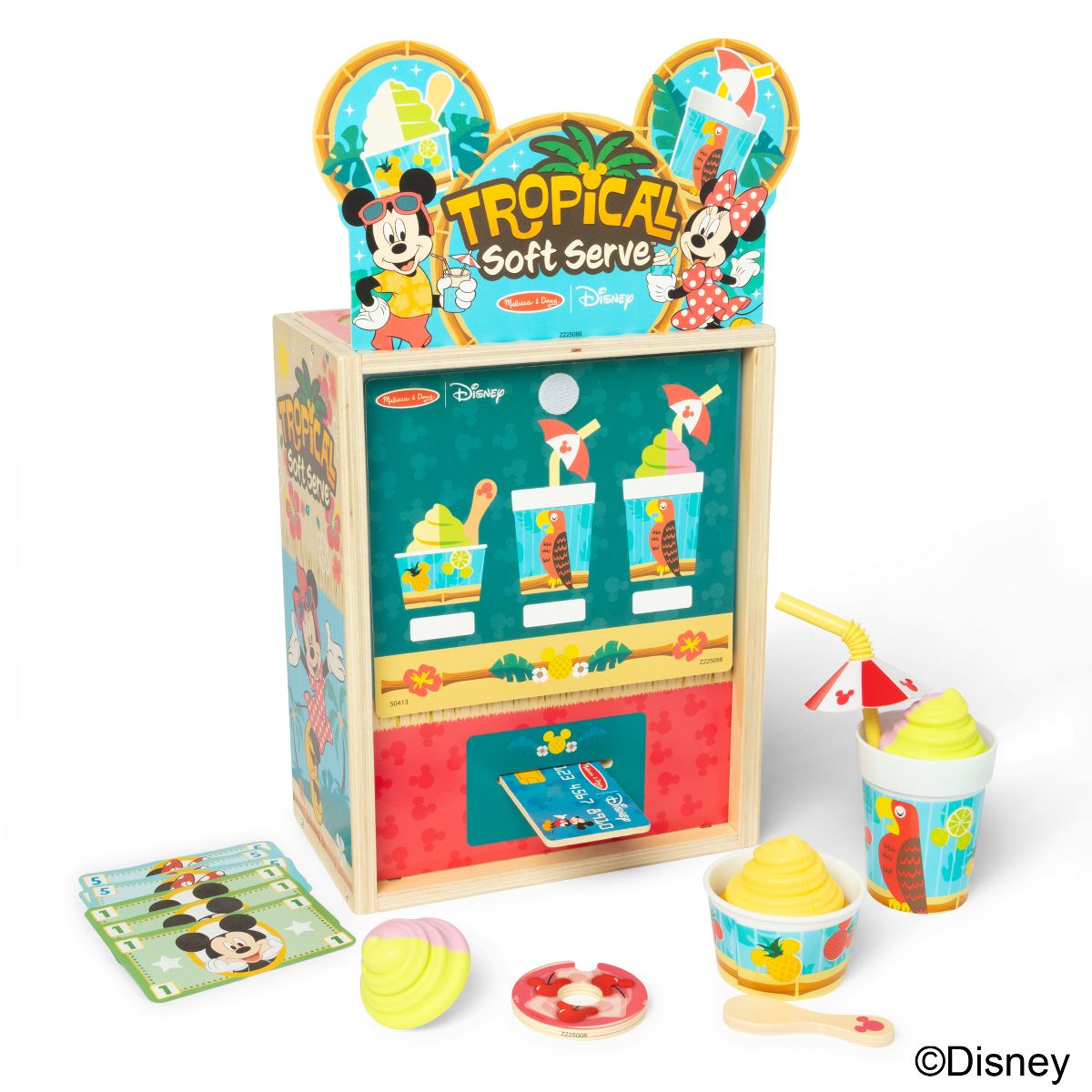 wooden ice cream machine play set with fake money and fake ice cream cups in a tropical theme

