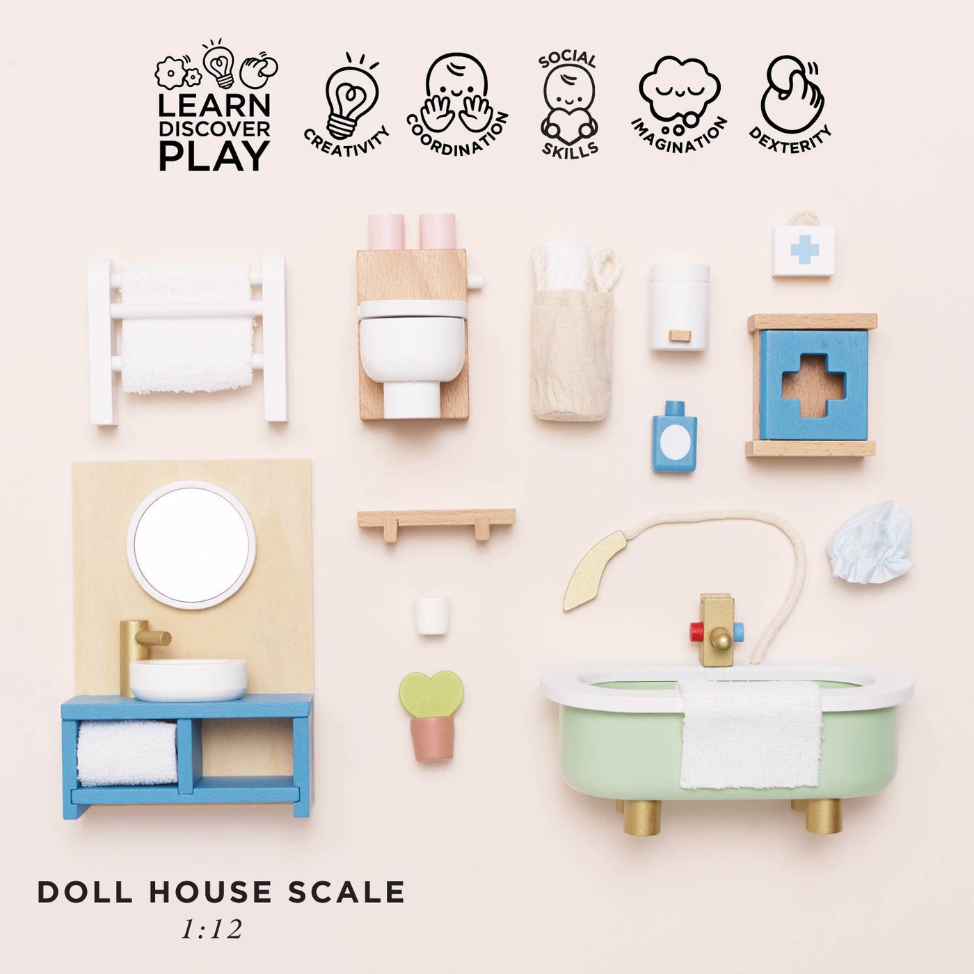 Detail view of Dolls House Bathroom Set, wooden, 19-piece by Le Toy Van
