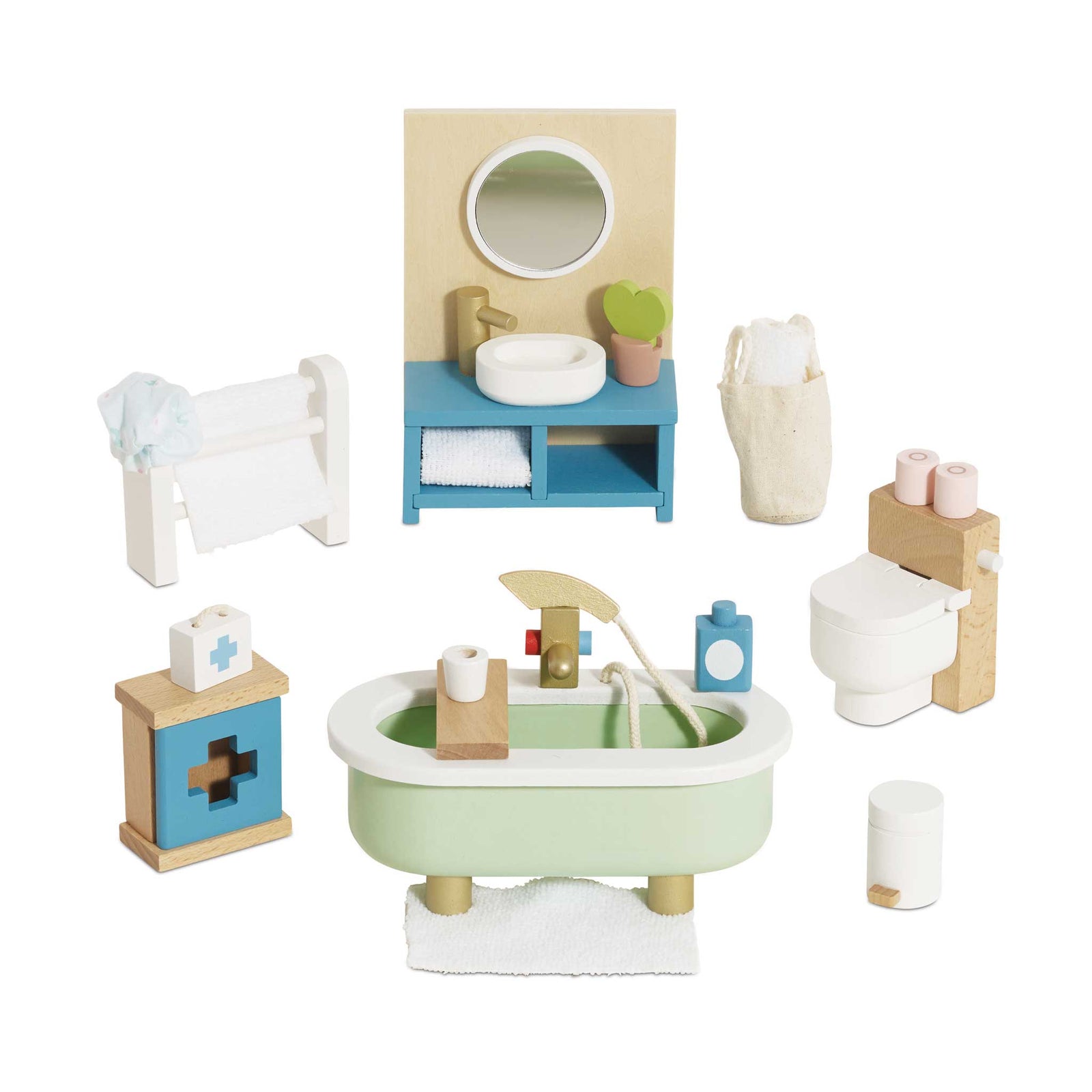 Dolls House Bathroom Set, wooden, 19-piece by Le Toy Van
