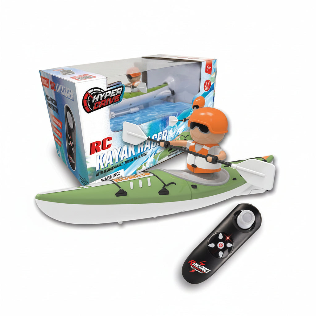 remote control kayak racer toy sitting in front of product box 