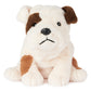 10" seated english bulldog plush with white fur and brown spots