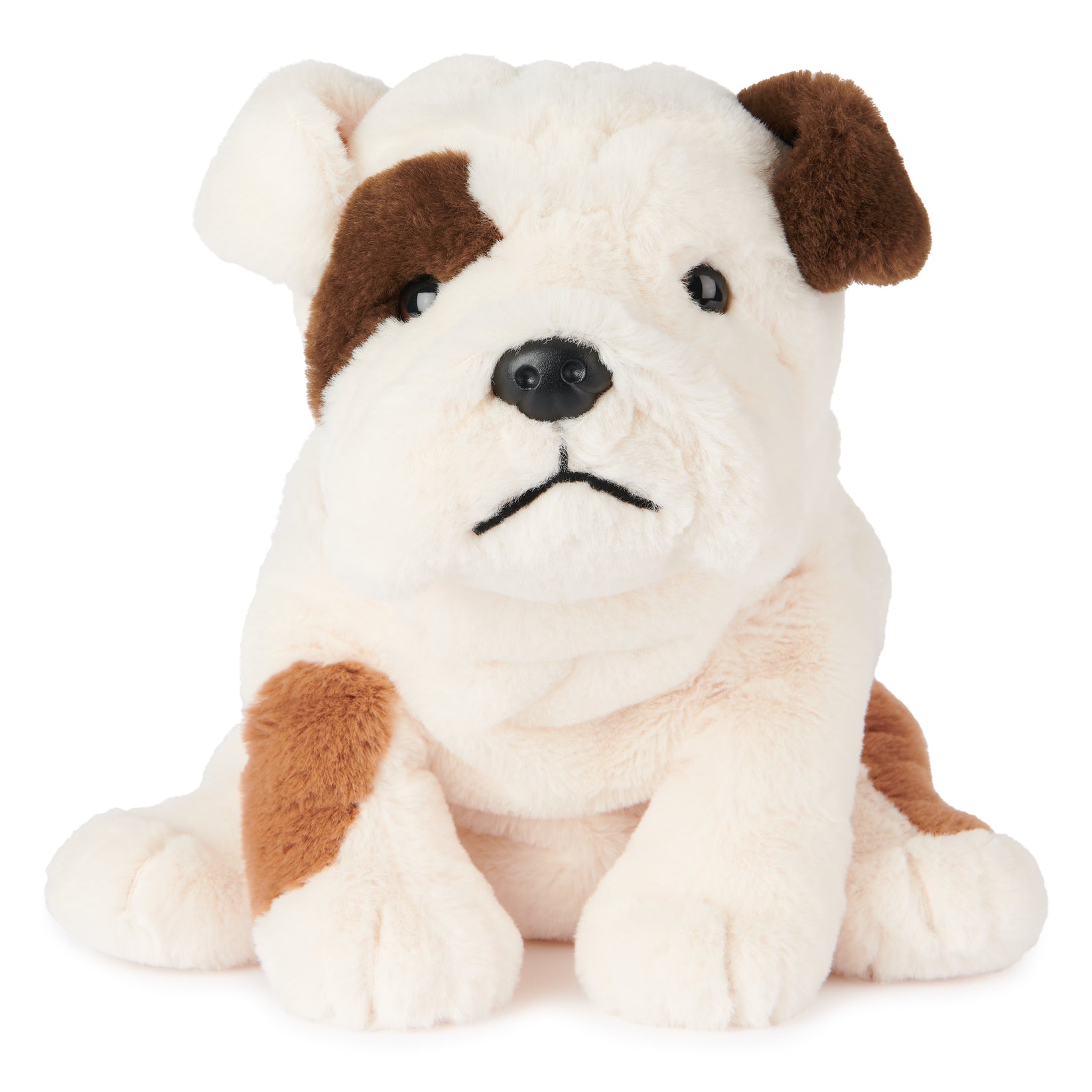 10" seated english bulldog plush with white fur and brown spots